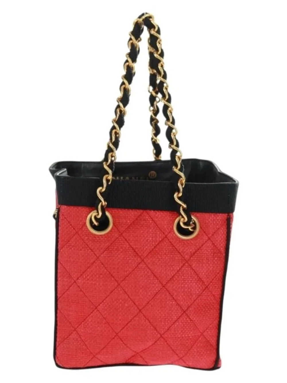 CHANEL Chain Hand Bag Raffia Red Gold CC Auth 162896V